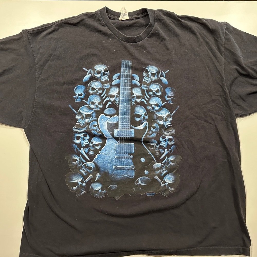 Vintage Liquid Blue Guitar And Skulls T-Shirt 3XL Faded Black‎ Shirt